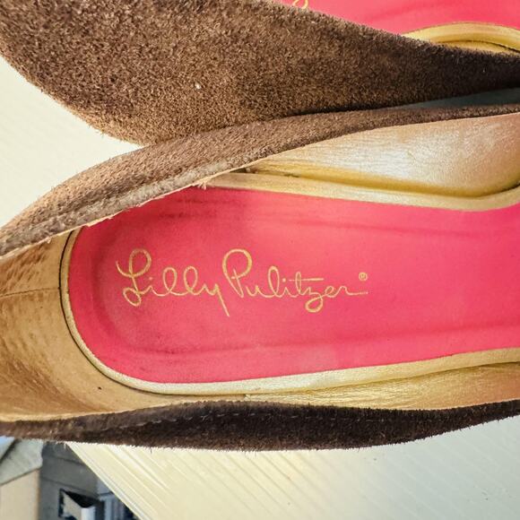 Lilly Pulitzer Shoes Womens 7 Brown Suede Wedge Peep Toe Leather Upper - Picture 10 of 12